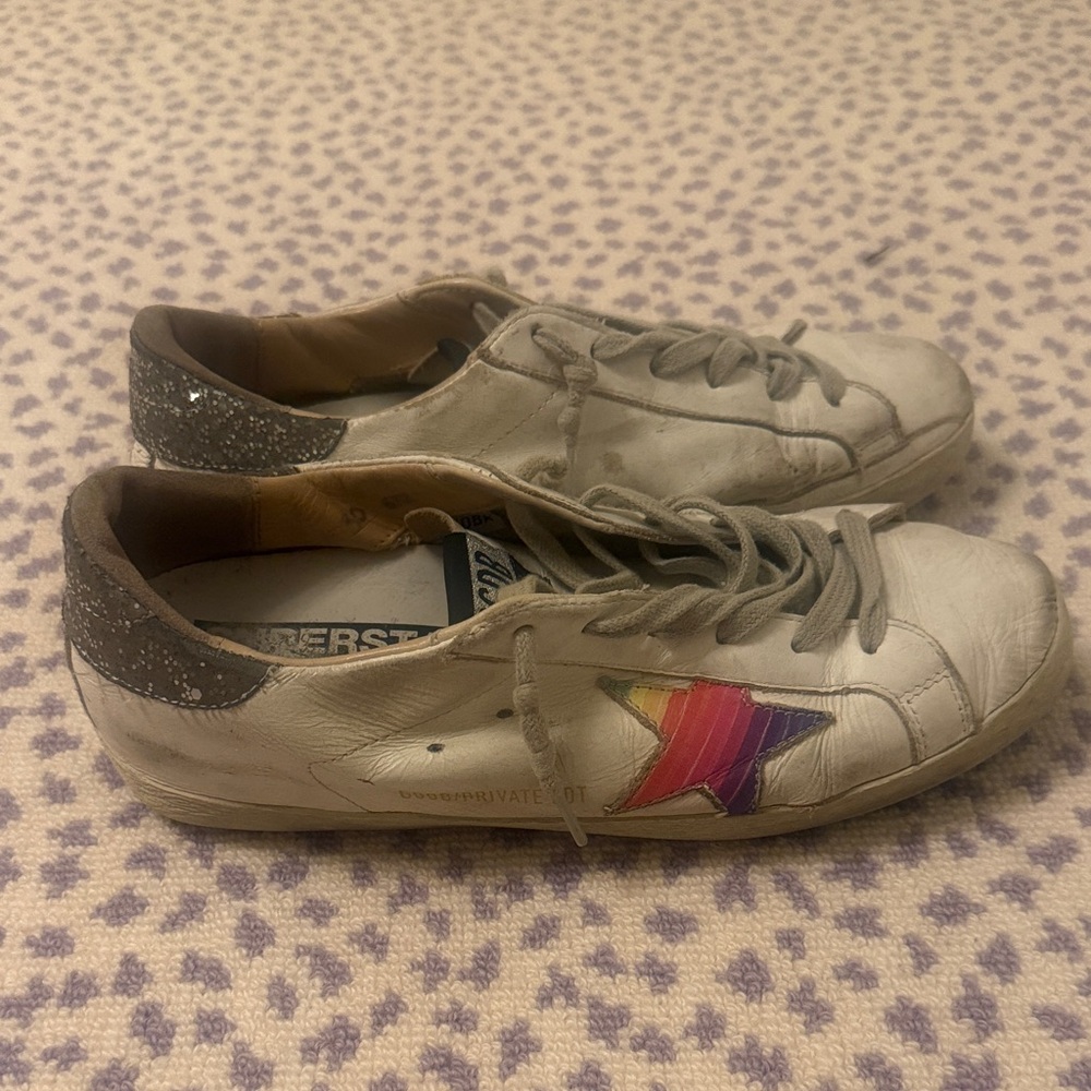Golden Goose White Leather Sneakers with Rainbow Star and Silver Heel